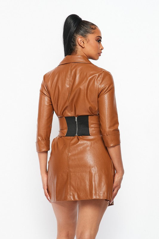 "MOCHA MAMI' FAUX LEATHER BLAZER DRESS